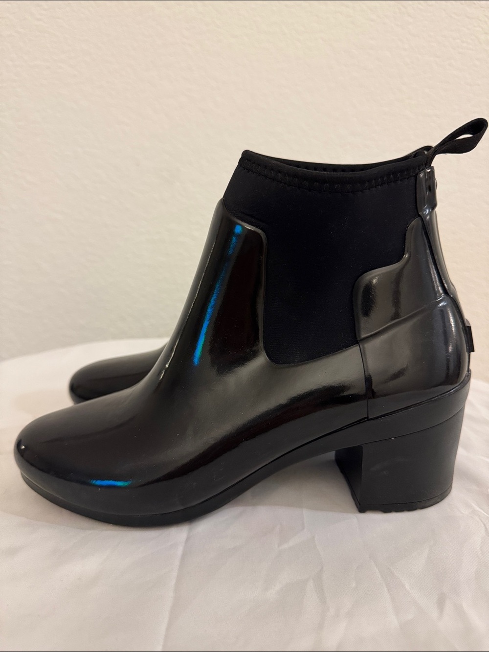 Hunter Black Patent Chelsea Ankle Boots